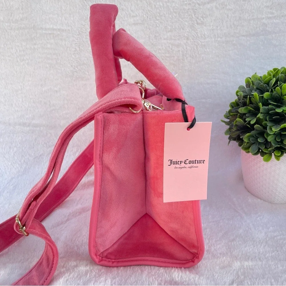 NEW Juicy Couture Pink‎ Velour Rhinestone Logo Tote Crossbody Bag NWT